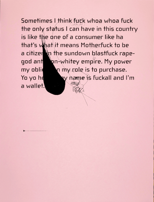 Medium sized black text from Johanna Hedva’s On Hell fills the top half of a pale pink poster. A black tear drop shape and a small sketch of an arm appear over some of the text.