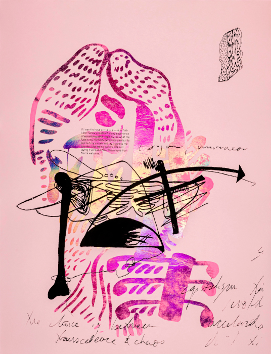 A colourful abstract line illustration that includes a rib cage on a pale pink poster. Tiny black text from Johanna Hedva’s On Hell appears in the centre.