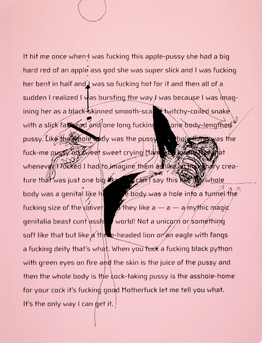 Small text from Johanna Hedva’s On Hell fills a pale pink poster. Scribbly black sketches including one that resembles a fish head with pointy teeth and a long tongue appear on top of the text. 